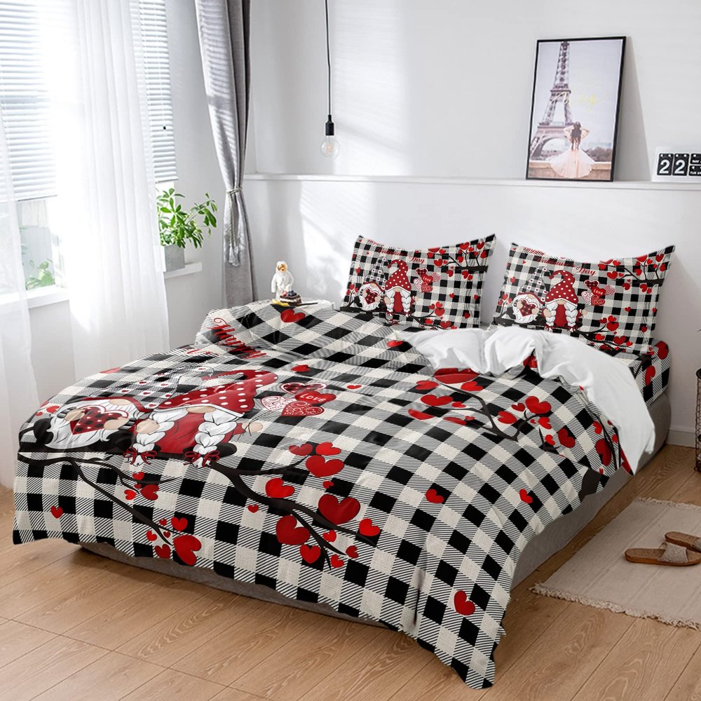 4 Piece California King Valentines Cute Gnomes on Branch Breathable Comforter Covers Ultra Soft Bed Sheet with Decoretive 2 Pillow Shams Bedding Collection Sets Hearts Tree Black White Buffalo Plaid
