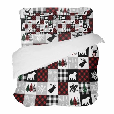 4 Piece Cali King Merry Christmas Theme Buffalo Check Breathable Comforter Covers Ultra Soft Bed Sheet with Decoretive 2 Pillow Shams Bedding Collection Sets Vintage Bear Xmas Tree Snowflake Plaid