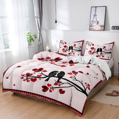 4 Piece Full Valentine's Day Black Birds Silhouette Breathable Comforter Covers Ultra Soft Bed Sheet with Decoretive 2 Pillow Shams Bedding Collection Sets Love Hearts Tree Branch