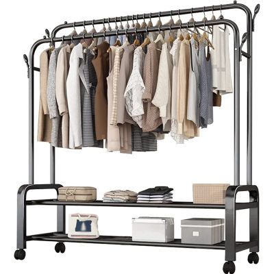 EQHAIR Coat Rack, Heavy Duty Clothes Rack on Wheels, Multifunctional Coat Rack Stand with Double Hanging Rail and Shelf, Strong Sturdy Holds 40kg, for Bedroom Laundry Room (B 110cm)