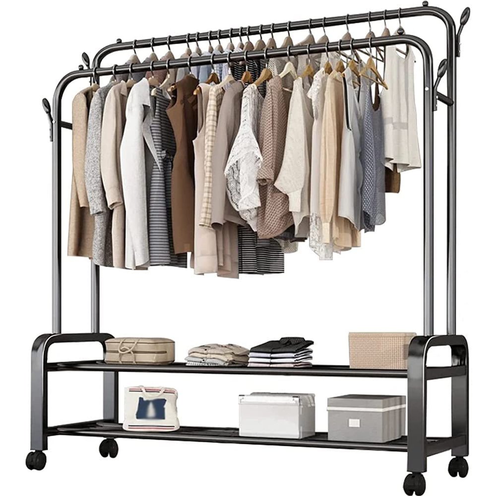 EQHAIR Coat Rack, Heavy Duty Clothes Rack on Wheels, Multifunctional Coat Rack Stand with Double Hanging Rail and Shelf, Strong Sturdy Holds 40kg, for Bedroom Laundry Room (B 110cm)
