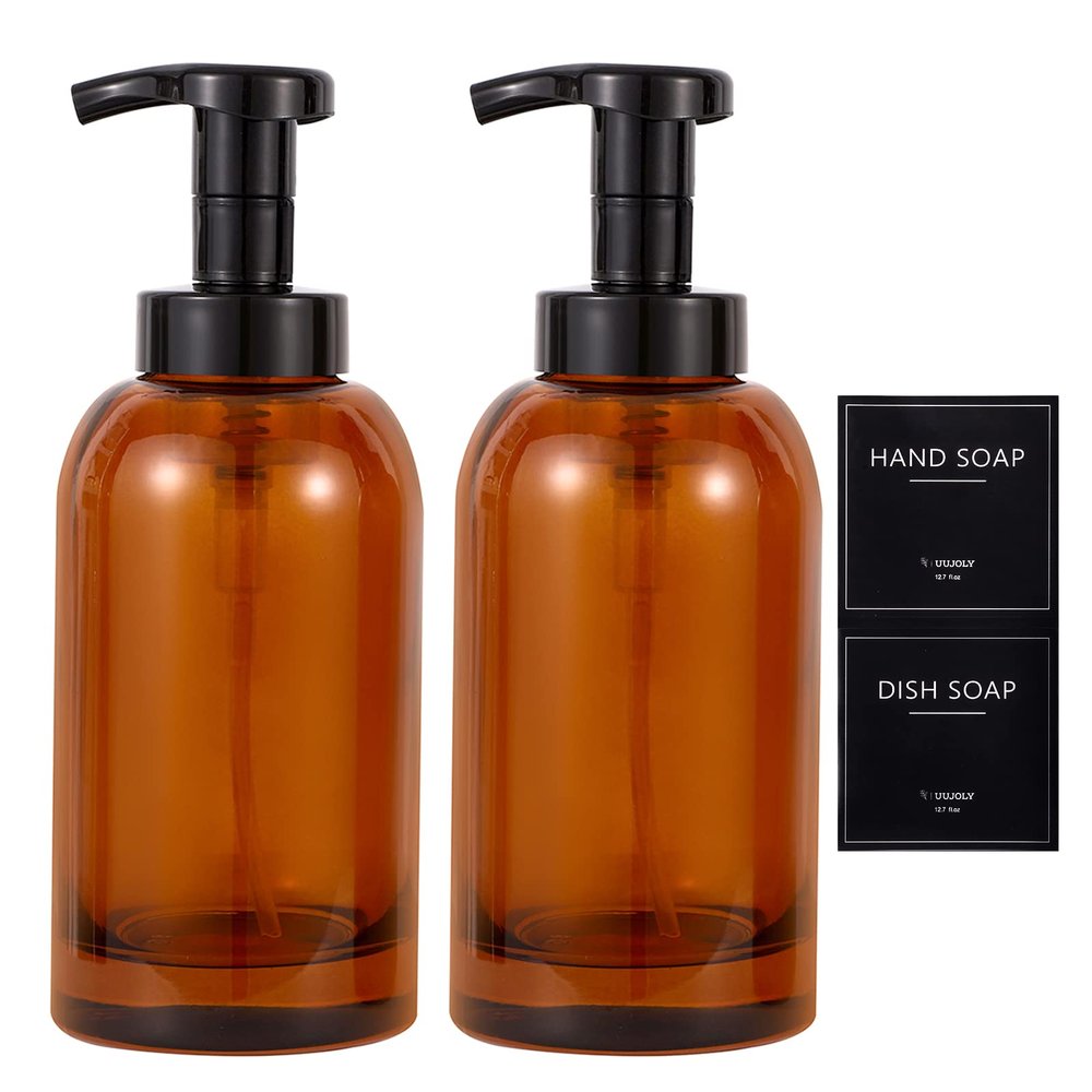 Foaming Hand Soap Dispenser Glass Jar Foam Dish Soap Dispenser for Bathroom and Kitchen Sink, Liquid Pump Bottle for Shampoo, Body Wash, Amber, 2 Pack