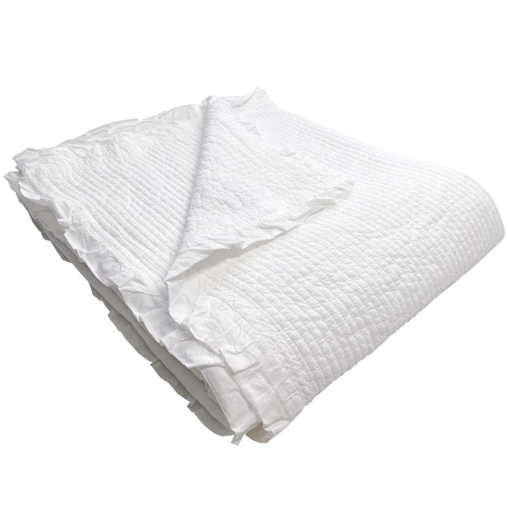 100% Cotton Frilled Bed Coverlet, Blanket Twin Size 63 x 83' - Pigment Washed Soft & Breathable Quilted Blanket for All Seasons (Off-White)