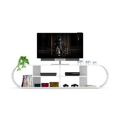 Bellemave Curved TV Cabinet Mid Century Modern Tv Stands for 55 inch TVs Wooden White Televsition Stand