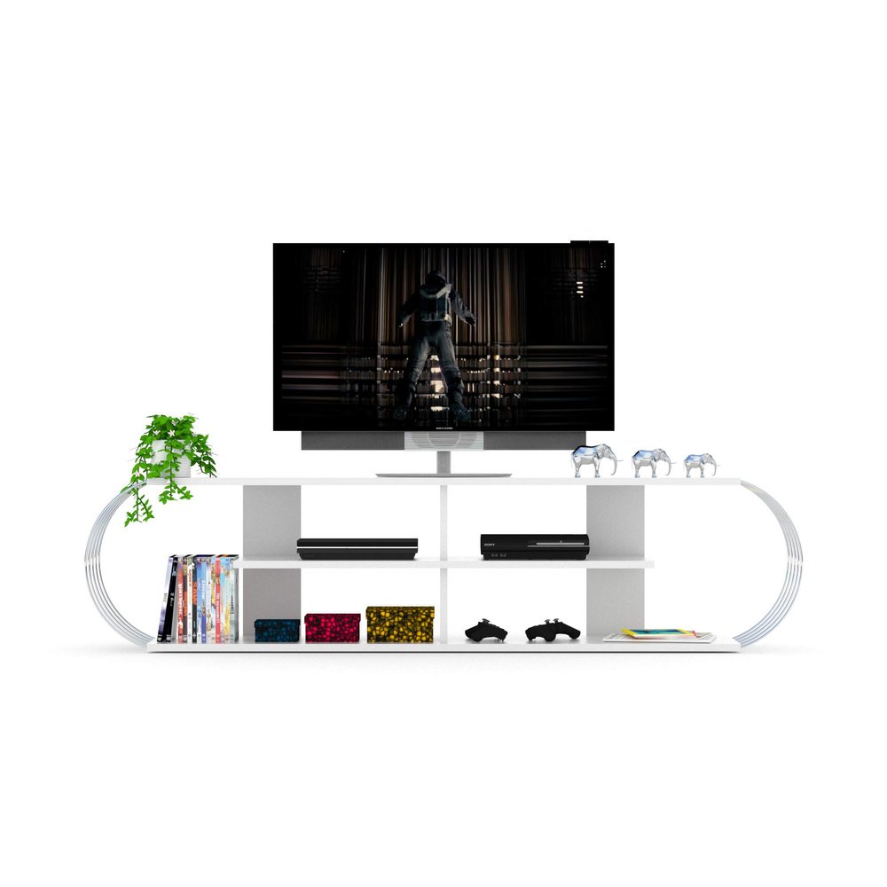 Bellemave Curved TV Cabinet Mid Century Modern Tv Stands for 55 inch TVs Wooden White Televsition Stand