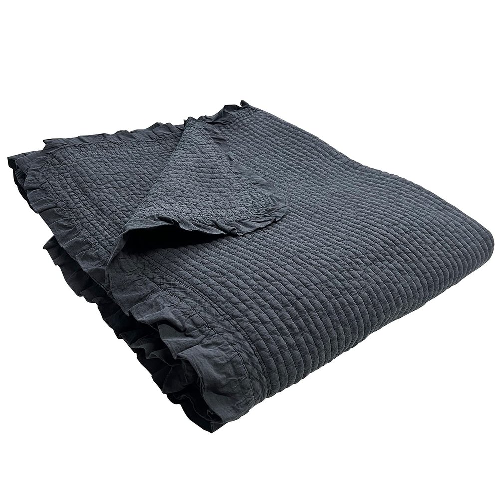 100% Cotton Frilled Bed Coverlet, Blanket Full/Double Size Bed 79 x91 - Pigment Washed Soft & Breathable Quilted Blankets Lightweight Coverlet for All Seasons (Charcoal)
