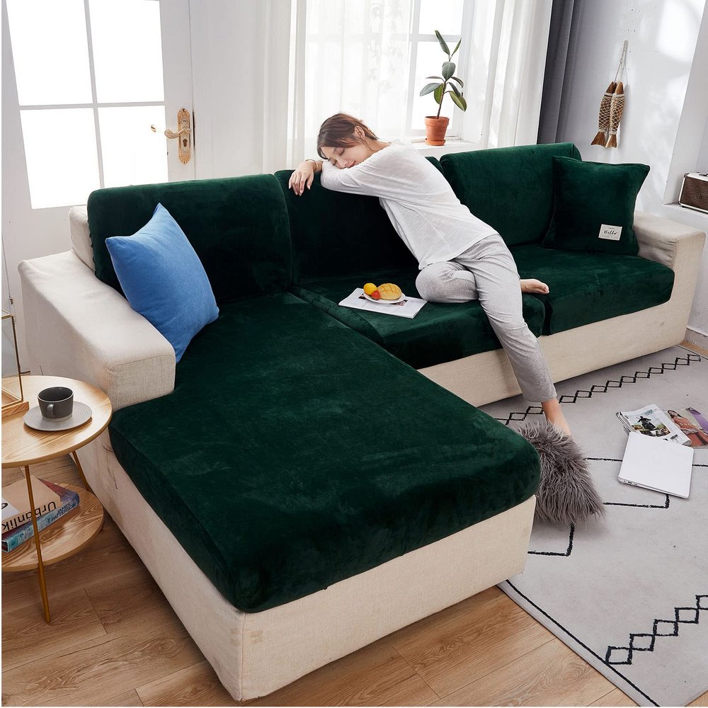 CAMZ Extra Large Velvet Sectional Couch Cushion Covers for L Shape Chaise Lounge Sofa Slipcovers Stretch 1 2 3 4 Seat Sofa Cover Furniture Protector (Dark Green,XL-1 seat)