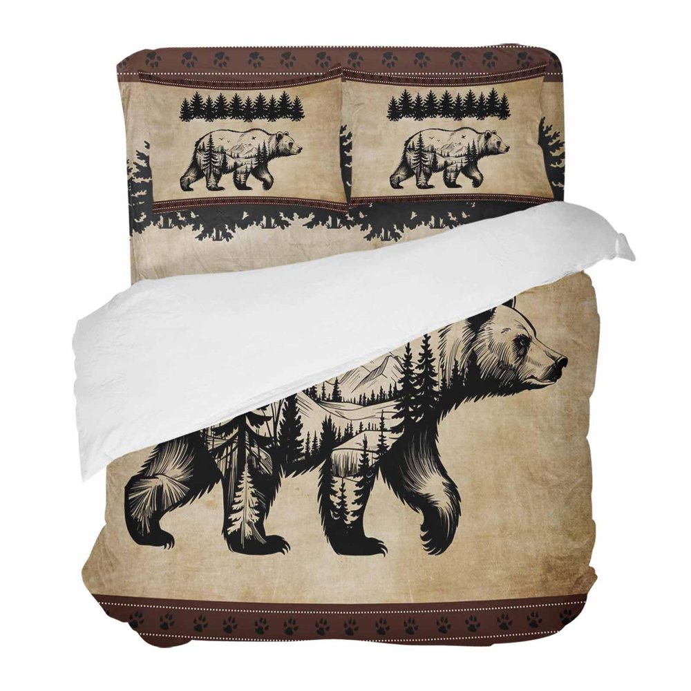 4 Piece California King Winter Christmas Bear Pine Tree Breathable Comforter Covers Ultra Soft Bed Sheet with Decoretive 2 Pillow Shams Bedding Collection Sets Retro Kraft Paper Footprint Border
