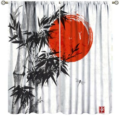 Ink Painting Kitchen Curtains, Chinese Ink Painting Red Sun Bamboo Home Bedroom Living Room Kitchen Home Decorative Curtains 2 Sets 42x45 Inch
