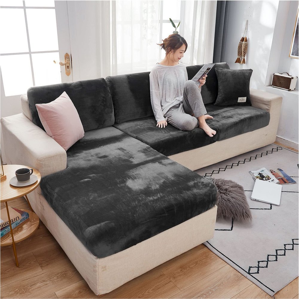 Extra Large Velvet Sectional Couch Cushion Covers for L Shape Chaise Lounge Sofa Slipcovers Stretch 1 2 3 4 Seat Sofa Cover Furniture Protector (Dark Gray,1 seat)