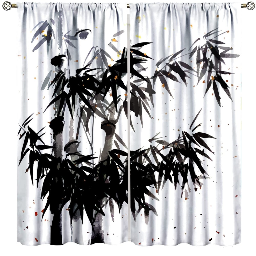Ink Painting Bamboo Print Curtains, Traditional Chinese Ink Painting Bedroom Living Room Kitchen Blackout Curtains Home Decoration 42x45 Inch