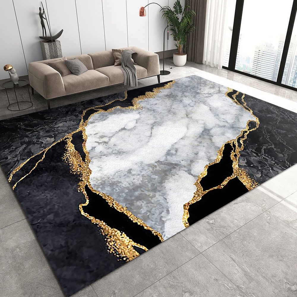 Black Gray White Marble Texture Area Area Rug, Golden Stripe Light Luxury Bedroom Carpet, Indoor Non-Slip Kids Rugs, Large Area Rugs Carpets Area Mats for Kids Boys Girls Bedroom-3x4ft