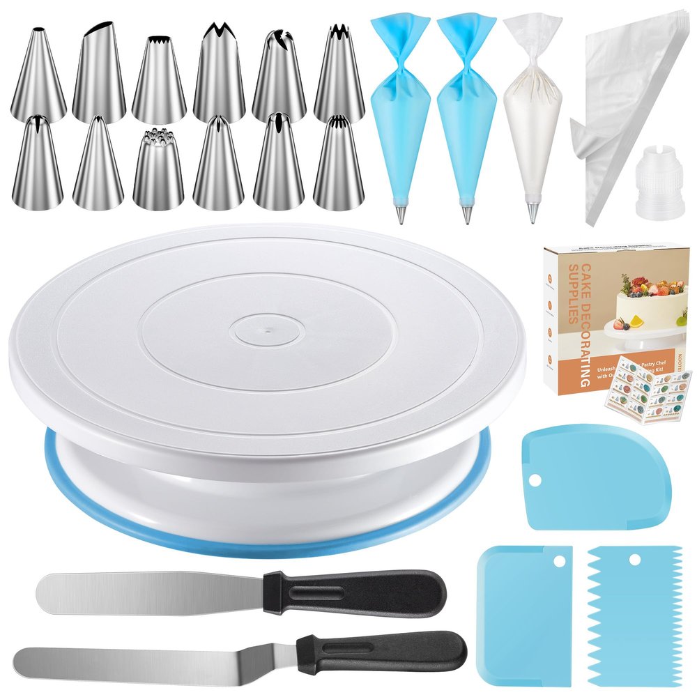 Kootek 71PCs Cake Decorating Kit, Baking Supplies Tools - Includes Cake Stand Turntable, 12 Icing Piping Tips Set, 2 Frosting Spatulas, 3 Scrapers, 50+2 Piping Bags, Coupler, Video Tutorial, Booklet