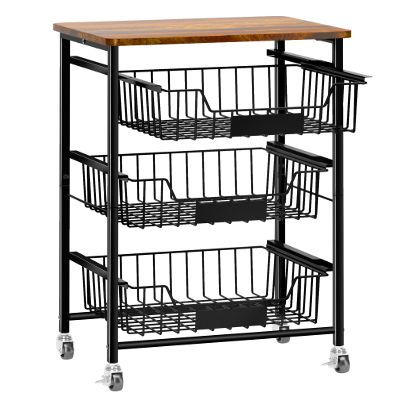 OKZEST 4-Tier Small Kitchen Storage Cart on Wheels, Metal Fruit Basket Stand with Pull-Out Baskets & Wood Top for Potato Onion Produce Snack Veggies