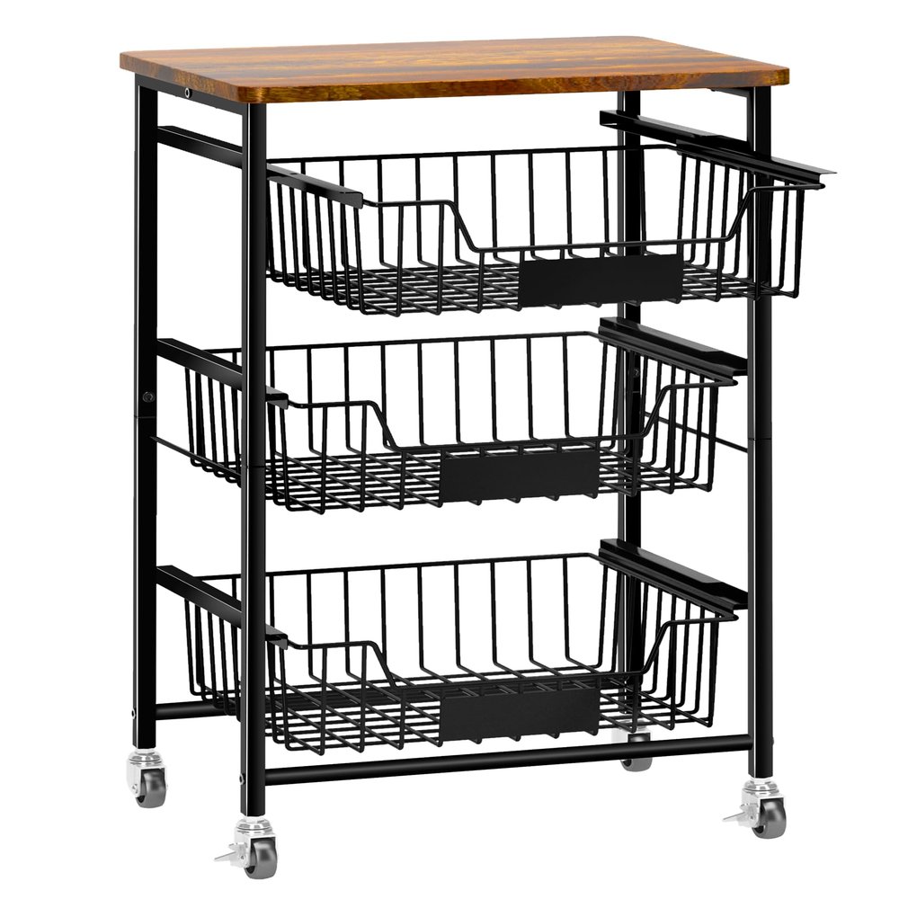 OKZEST 4-Tier Small Kitchen Storage Cart on Wheels, Metal Fruit Basket Stand with Pull-Out Baskets & Wood Top for Potato Onion Produce Snack Veggies