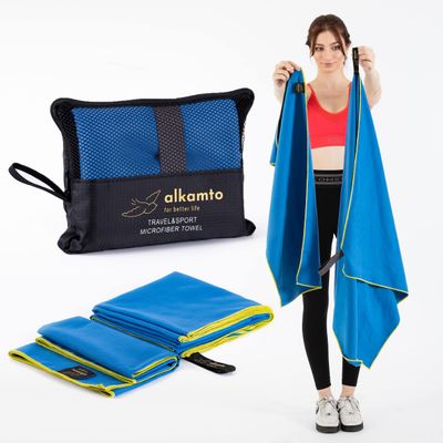 alkamto Microfiber Gym & Travel Towel Set of 2 Size in 1 Pack (XL + S) - Camping Towel - Sports & Beach & Yoga Towel- Quick Dry Towel - Super Absorbent (Blue)