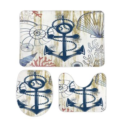 3 Pieces Anchor Nautical Ocean Navy Bathroom Rug Set Retro Beach Coastal Starfish Conch Soft Foam Non Slip Bath Mats Sets Toilet Contour Mat Lid Cover for Bathtub Shower and Bathroom Decor 20"x32"