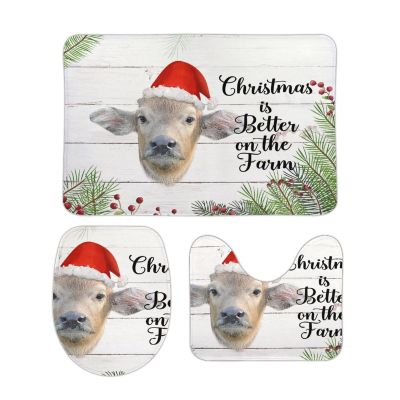 3 Pieces Farm Cows Berries Barn Wood Bathroom Rug Set Christmas Country Farmhouse Soft Foam Non Slip Bath Mats Sets Toilet Contour Mat Lid Cover for Bathtub Shower and Bathroom Decor 20"x32"