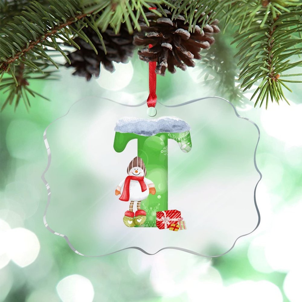 Monogram Initial Letter T Ornaments for Christmas Trees Cute Snowman Green Letter Personalized Christmas Ornaments 2022 Clear Acrylic Hanging Letters Ornaments Christmas Keepsake New Year Gifts