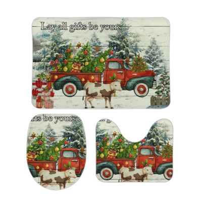 3 Pieces Barnwood Xmas Tree Santa Gnome Bathroom Rug Set Merry Christmas Red Truck Soft Foam Non Slip Bath Mats Sets Toilet Contour Mat Lid Cover for Bathtub Shower and Bathroom Decor 20"x32"