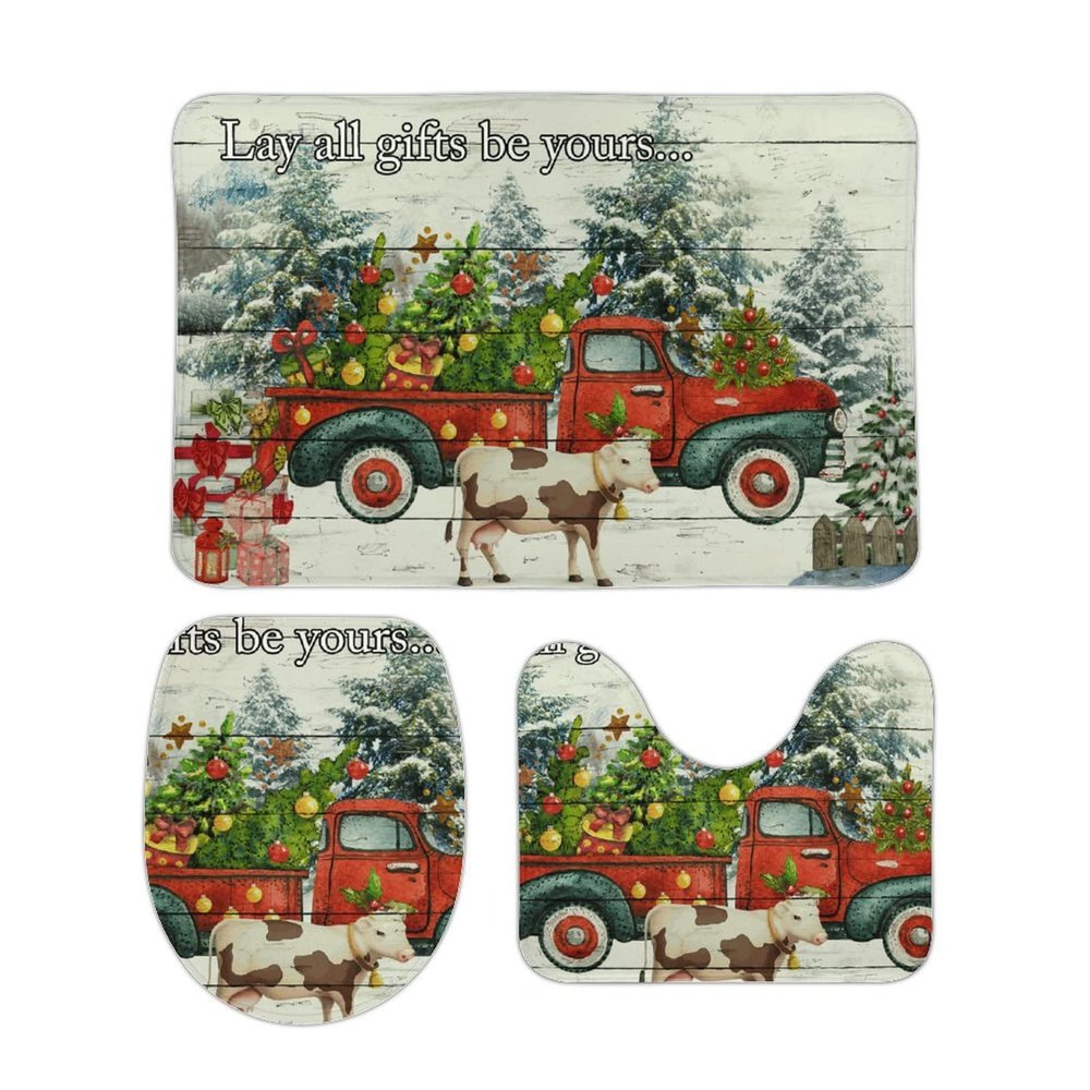 3 Pieces Barnwood Xmas Tree Santa Gnome Bathroom Rug Set Merry Christmas Red Truck Soft Foam Non Slip Bath Mats Sets Toilet Contour Mat Lid Cover for Bathtub Shower and Bathroom Decor 20"x32"