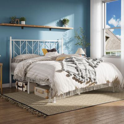 Allewie Queen Size Platform Bed Frame with Vintage Headboard, 14 Inches Metal Mattress Foundation for Storage, No Box Spring Needed, Easy Assembly, Modern, White
