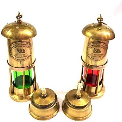 7" Nautical Antique Brown Brass Red/Green Minor Oil Lamp Ship Boat Lantern Home Decorative Set of 2