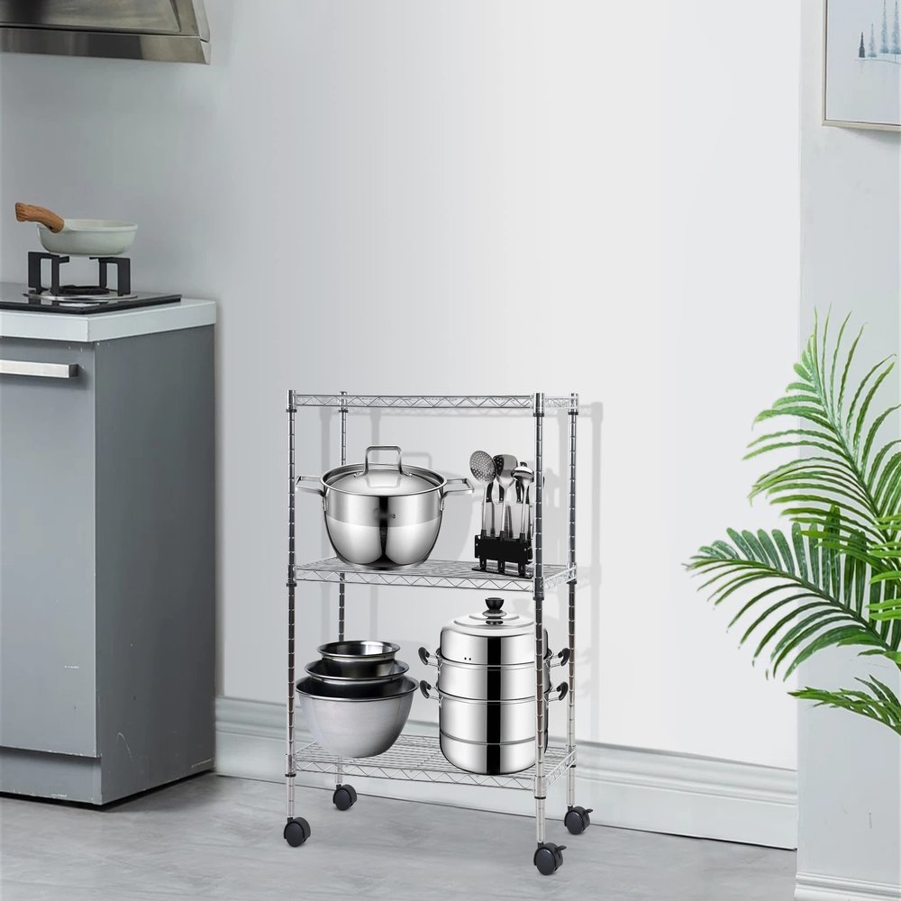 3-Tier Wire Storage Shelves, Heavy Duty Adjustable Shelving Unit with Wheels, Metal Shelf Organizer Storage Rack Shelves for Bedroom Kitchen Office, 450 LBS Capacity, 23" L x 13" W x 32" H, Chrome
