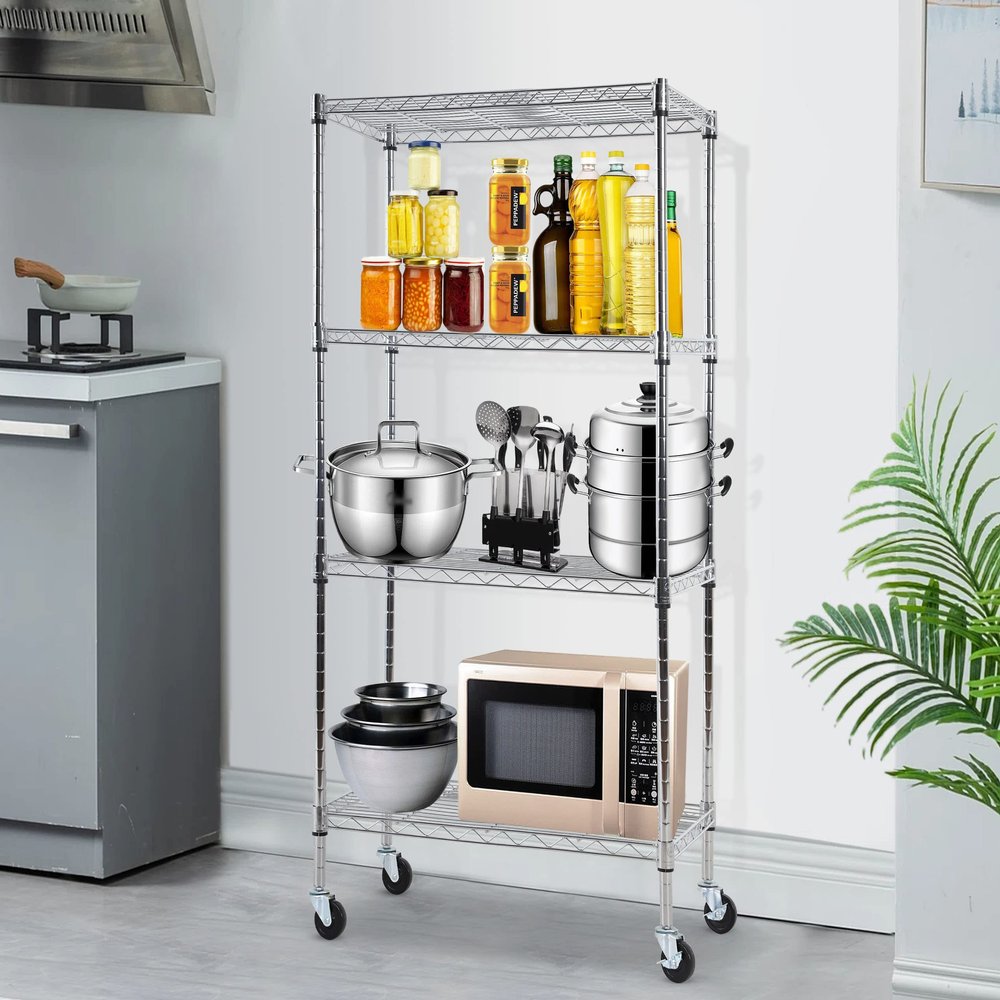 4-Tier Kitchen Storage Shelves Wire Shelving, Adjustable Storage Shelf Metal Storage Rack on Wheels, Shelf Unit Organizer for Kitchen Bread Microwave Oven Stand, 35.6"L x 14"W x 61.8"H, Chrome