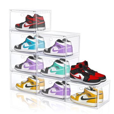 Yukui LLc Large Shoe Boxes Clear Plastic Stackable, 8 Pack Drop Side Shoe Storage Organizer with Magnetic Door, Shoe Container Sneaker Storage Display Case Fit up to US Size 13 CLEAR