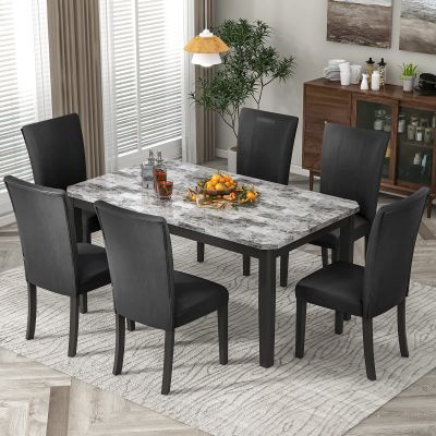 7-Piece Modern Dining Table Set, Wood Kitchen Table Set with Faux Marble Top Rectangular Kitchen Table with 6 PU Upholstered Dining Chairs Living Room Furniture for 6 Person, for Dining Room