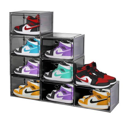 Yukui LLc Large Shoe Boxes Clear Plastic Stackable, 8 Pack Drop Side Shoe Storage Boxes with Magnetic Door, Shoe Storage Organizer Sneaker Storage Display Fit up to US Size 13 Black