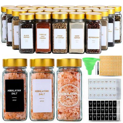 JARXSUN Glass Spice Jars with Label, 48 Pcs Spice Jars with Shaker Lids-4 oz Gold Spice Seasoning Jars Bottles Containers Set for Spice Rack (48)