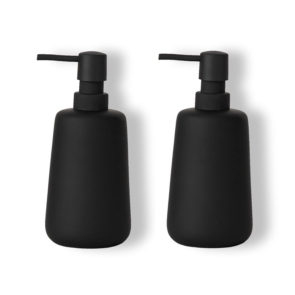 ABBI NIMO 2 Pack Soft Touch Rubber Coating Matte Black Ceramic Soap Dispenser, 13 oz Refillable Pump Bottle for Bathroom or Kitchen Countertop, Non-Slip and Comfort Grip