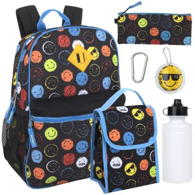 Trail maker 16.5 Inch Boys School Backpack 6 in 1 Set with Lunch Bag, Pencil Case, Water Bottle, Keychain, Carabiner Clip Attached (Silly Smileys) for Travel, Commute