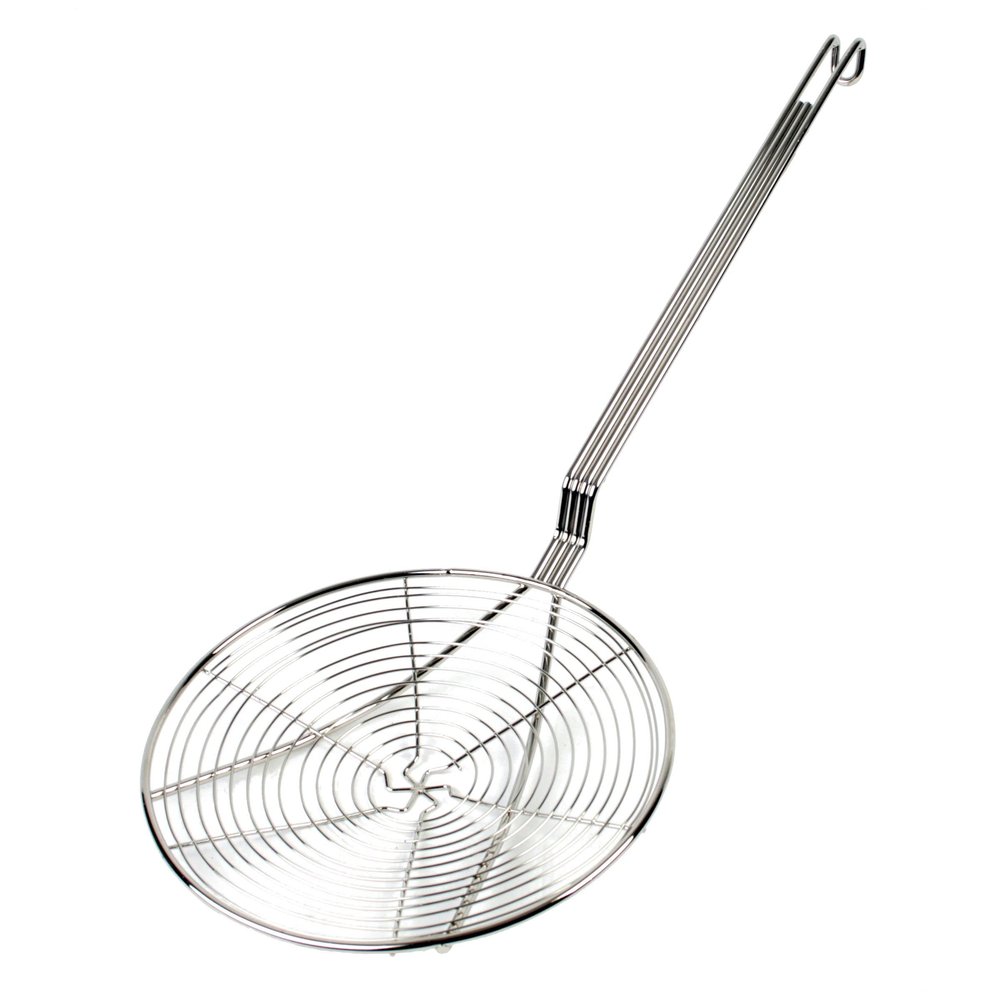 TrueCraftware- 9-Inch Round Spiral Wire Skimmer with 13" Handle Length Nickel Plated- Kitchen Utensil Food Strainer Skimmer Spoon for Cooking Sieve Sifters Rice Quinoa Pasta Fruits Vegetables etc.