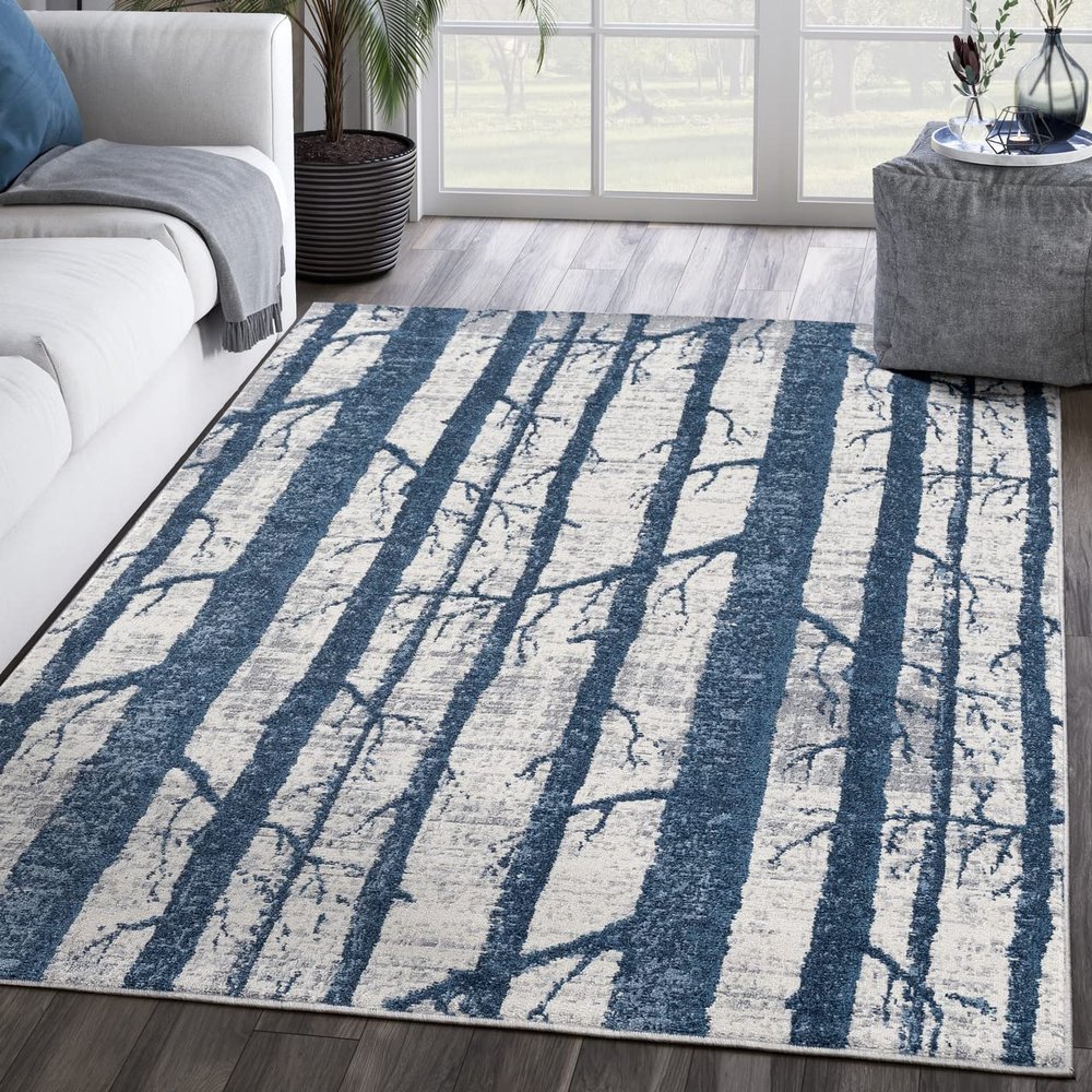 Abani Area Rug - 8x10 - Mist Collection - Blue Trees Design - Medium Pile - Turkish Made - Stain & Shed Resistant - Livingroom Bedroom Kitchen Office - Safe for Kids & Pets - Soft Feel - Indoor Use