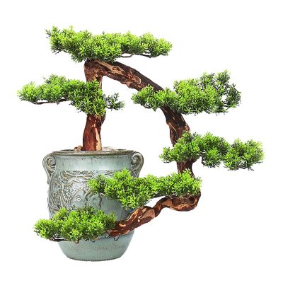 Artificial Bonsai Tree Chinese Style Modern Artificial Bonsai Welcoming Pine Tree False Podocarpus Indoor Artificial Plant Ceramic Decorative Pot Zen Ornaments for Home Office Indoor Showcase Decor Ar