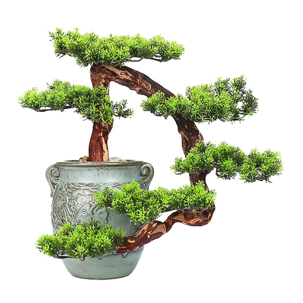Artificial Bonsai Tree Chinese Style Modern Artificial Bonsai Welcoming Pine Tree False Podocarpus Indoor Artificial Plant Ceramic Decorative Pot Zen Ornaments for Home Office Indoor Showcase Decor Ar