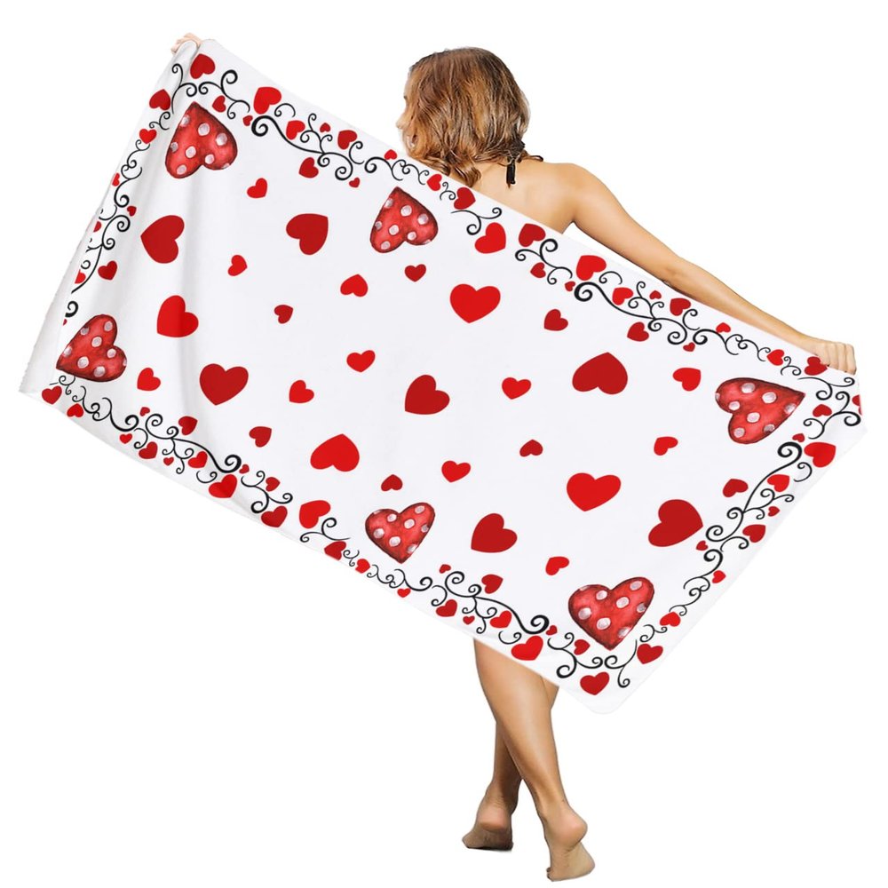 Microfiber Beach Towel Pool Towel Romantic Valentine Love Heart Shape Texture Red Sandfree Quick Drying Bath Towel Blanket Soft Absorbent Travel Towel for Gym Yoga, 35x71 Inch - Oversized Towel