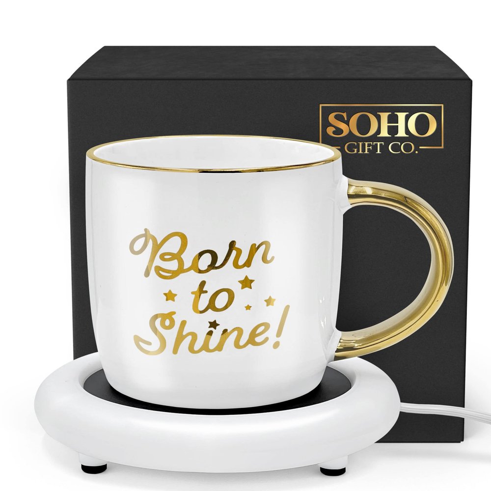Coffee Mug with Warmer, Motivational Electric Heated Cup for Coffee Lover Gifts for Birthday/Christmas, 12oz Born to Shine (Gift Boxed)