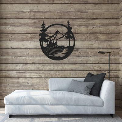 Badger Steel USA - Boat Mountains Scene - Metal Wall Art - 24" X 24" - Black