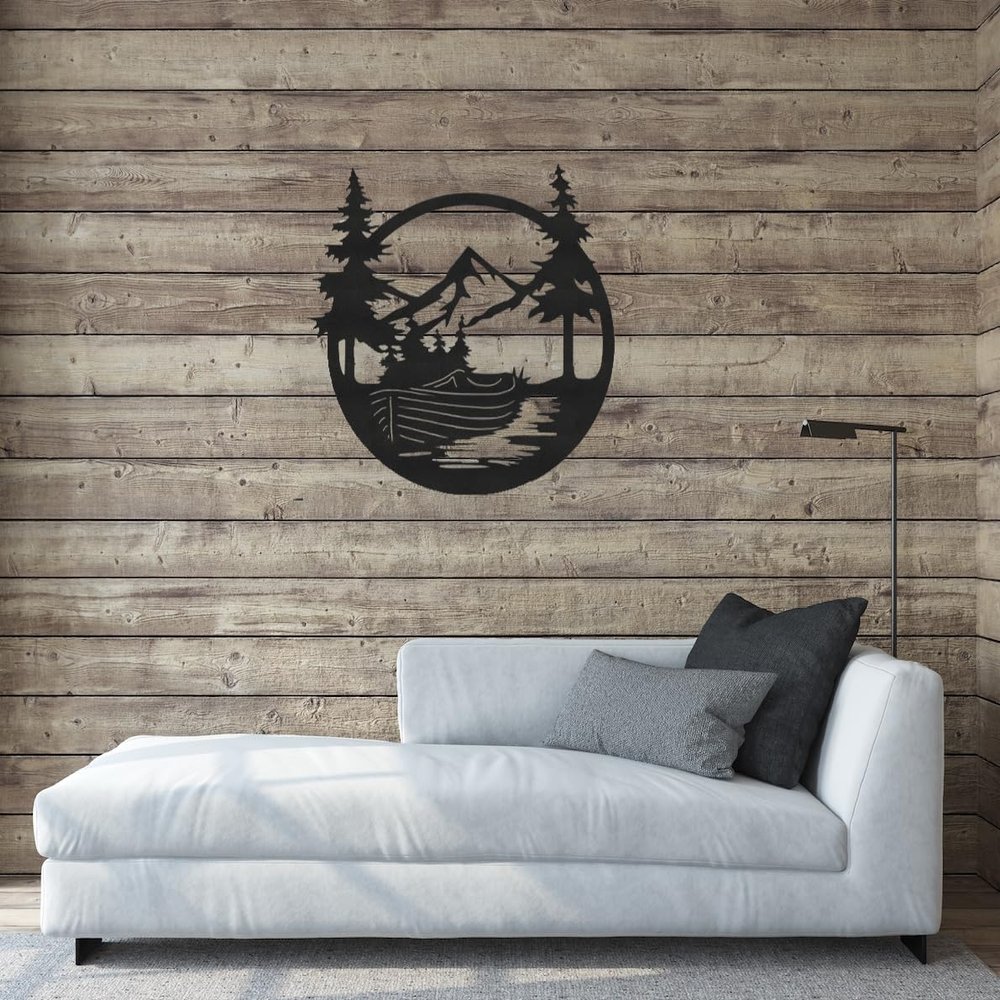 Badger Steel USA - Boat Mountains Scene - Metal Wall Art - 24" X 24" - Black