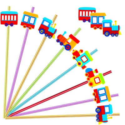 24 Pack Train Theme Reusable Plastic Straws - 6 Colors, Drink & Cocktail Straws with Cartoon Decoration - Kids Party Supplies & Birthday Favors - Includes 2 Cleaning Brushes