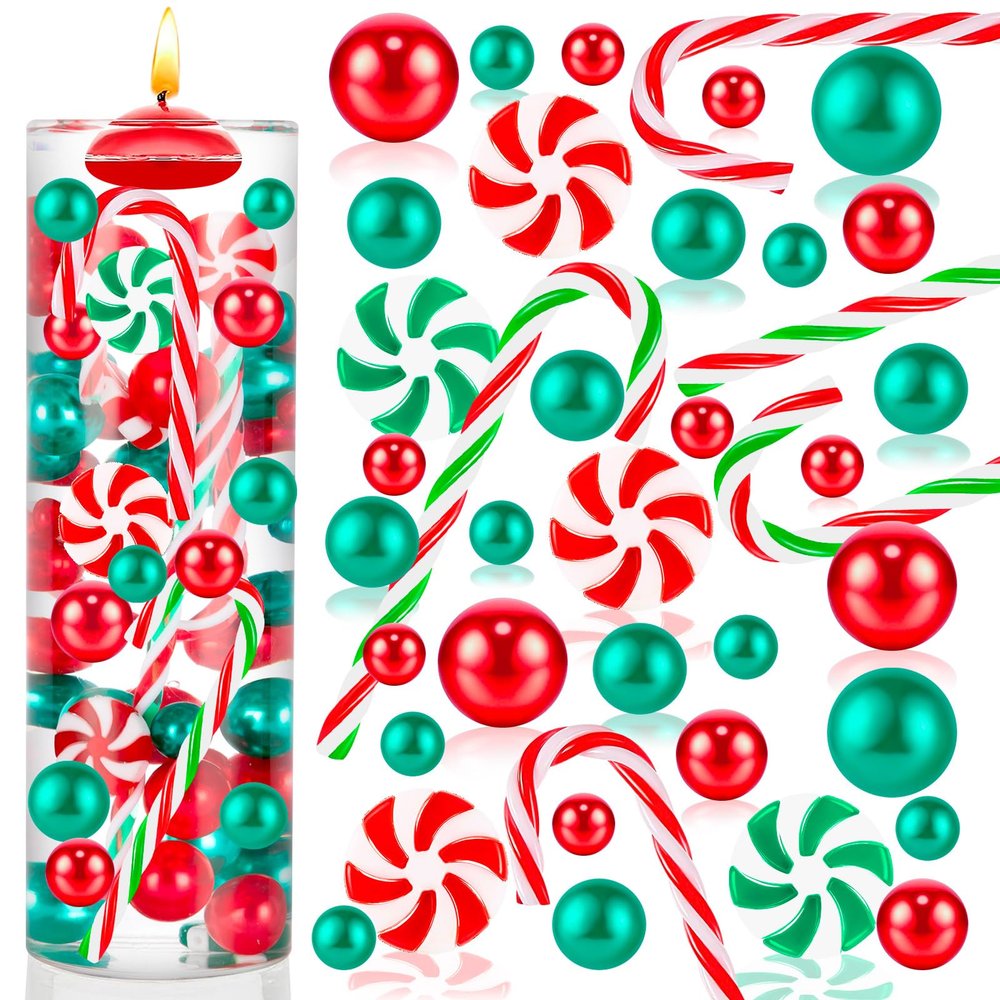 240 Pcs Christmas Vase Filler, Green Red Fake Candy Cane Beads Pearls for Vases for Table Decorations Centerpieces