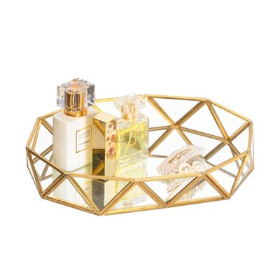 Feyarl Gold Glass Perfume Tray Mirror Vanity Jewelry Trinket Organizer Ornate Cosmetic Makeup Display Decorative Tray for Bathroom Home Decor Dresser Tabletop Countertop 11 x 8.26 x 1.96inch