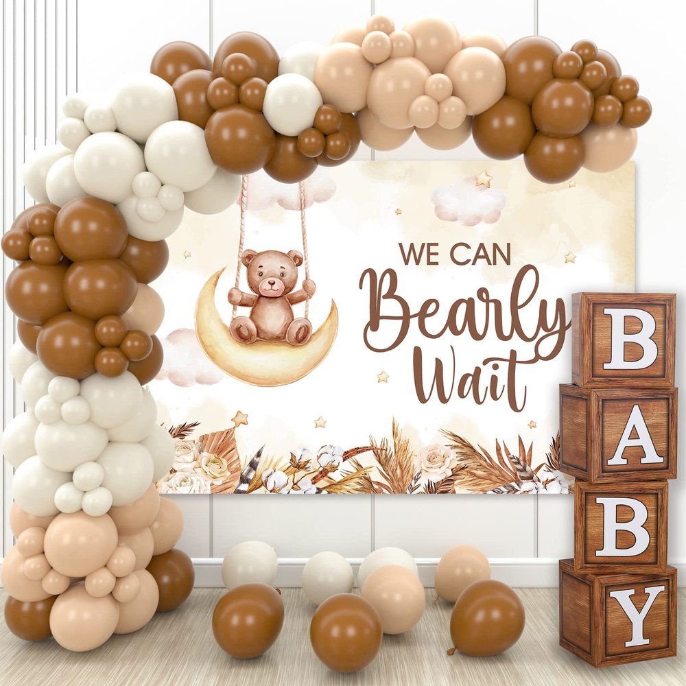 DataMoon Teddy Bear Baby Shower Party Decorations - Wood Grain Boxes with Baby Letters, 90PCS Nude and Brown Balloons, Boho Backdrop We Can Bearly Wait for BabyShower, Gender Reveal,Birthday Party