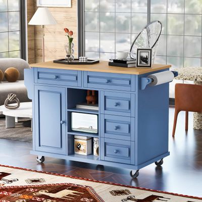 Kitchen Cart with Rubber Wood Desktop Rolling Mobile Kitchen Island with Storage and 5 Draws, Suitable for Kitchen Dining Room (Blue@G>)