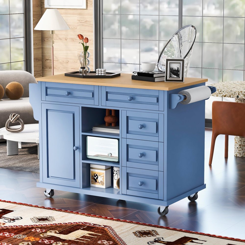 Kitchen Cart with Rubber Wood Desktop Rolling Mobile Kitchen Island with Storage and 5 Draws, Suitable for Kitchen Dining Room (Blue@G>)