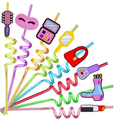 24pcs Makeup Theme Styling Straws Reusable Plastic Straw Spa Theme Birthday Party Supplies Decorations Birthday Party Favors with 2 Cleaning Brushes Gifts